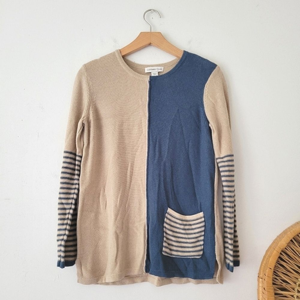 Coldwater Creek Colorblock Knit Sweater Women Small Blue Beige Patchwork Striped